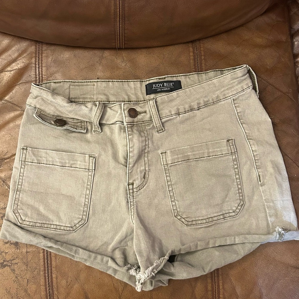 Judy Blue Olive Green Raw Hem Mid Rise Shorts